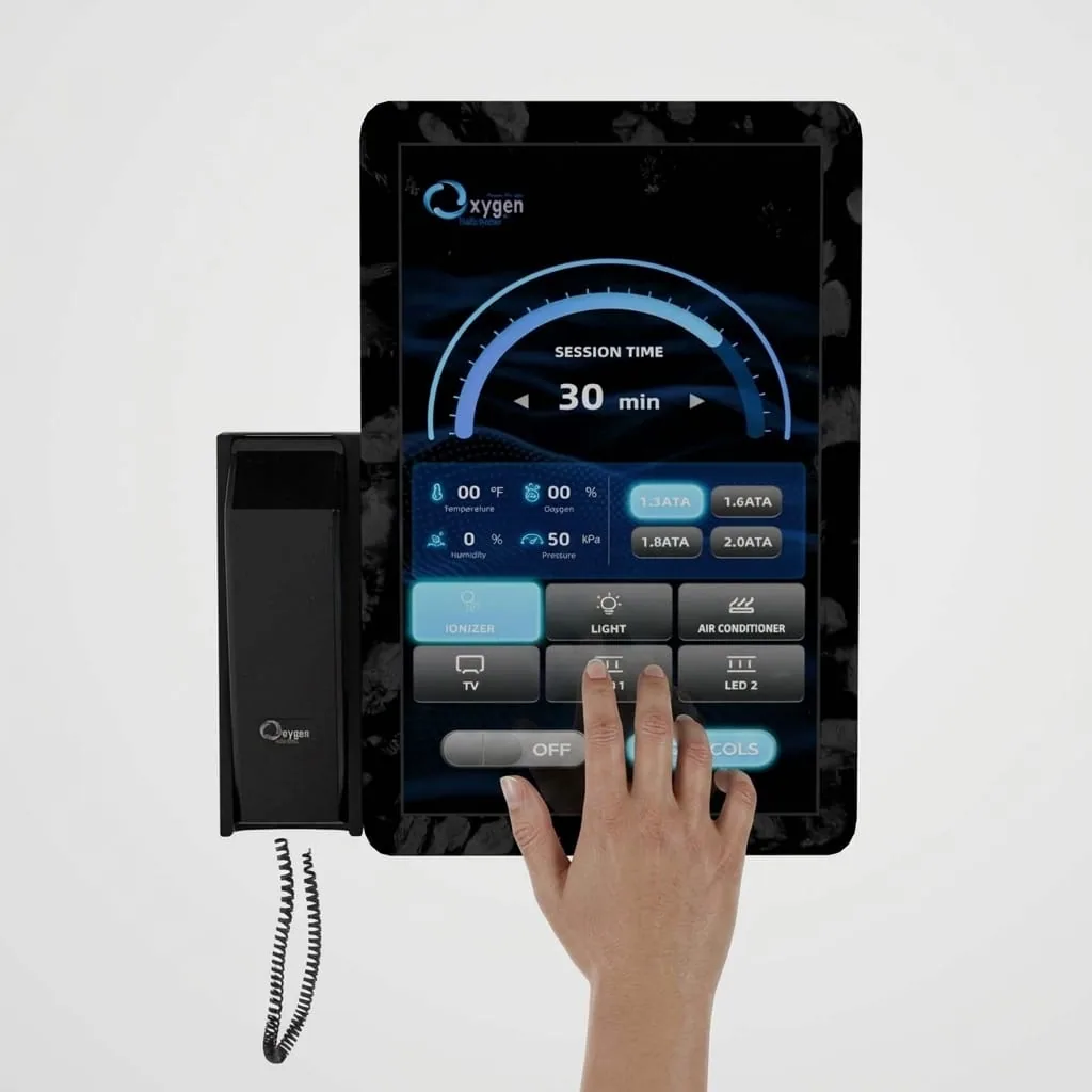 External hyperbaric control panel touchscreen with handset - showing session time, temperature, oxygen, humidity and pressure readouts, ATA pressure selection, and 6P/OS protocol controls